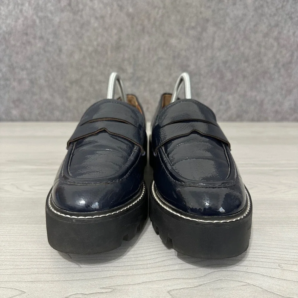 Franco Sarto Balin Lug Sole Loafers Womens 10 Navy Patent Chunky Platform‎